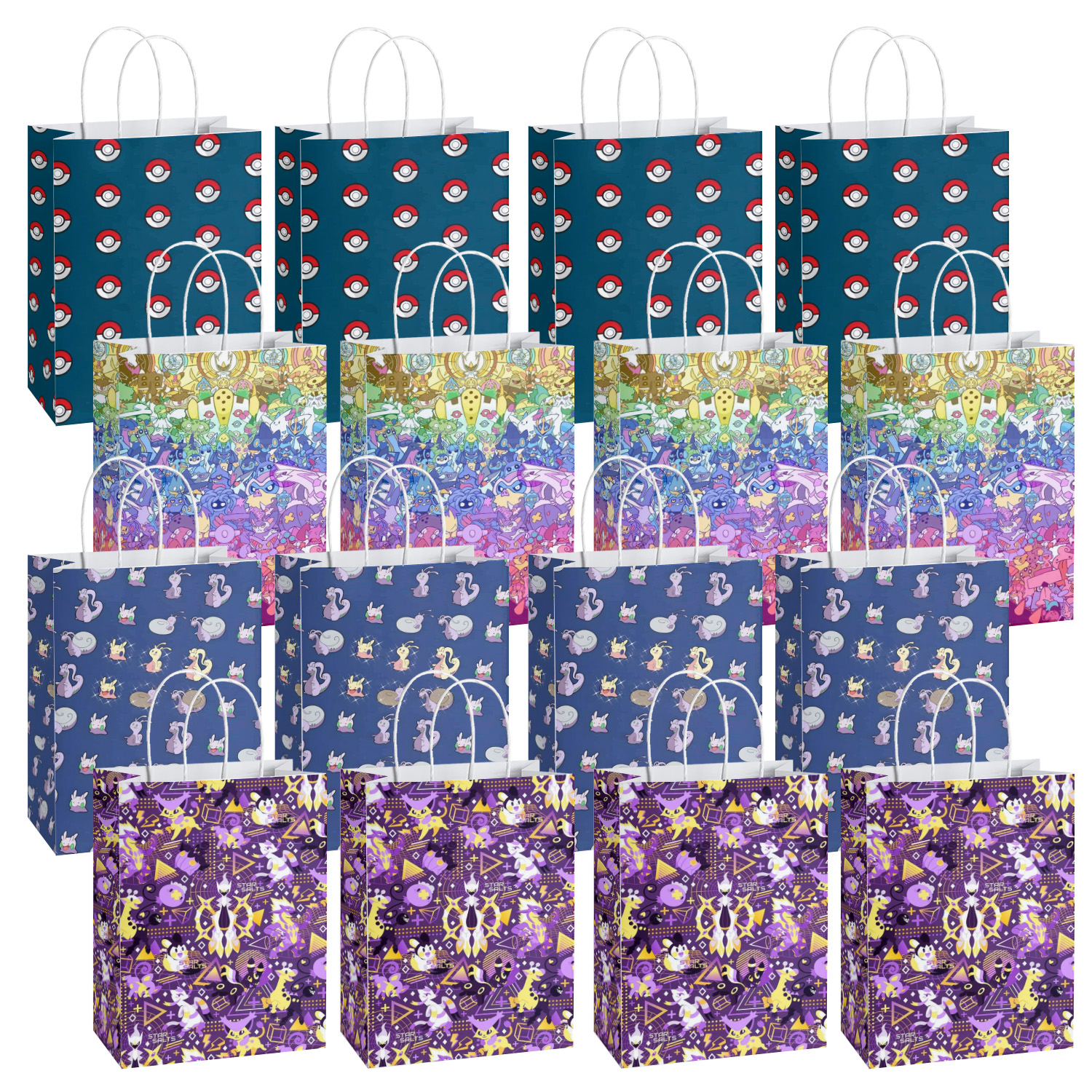 SALQGBUW-Pokemon 16 Pcs Party Paper Gift Bags – Cute Cartoon Favor Bags for Kids' Birthday, Baby Shower, Classroom Treats, and Party Supplies for Boys and Girls